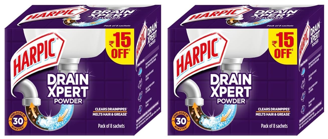 Harpic (50g x 8), Drain Xpert Drain Cleaner Powder | Effective Sink Cleaner, Drain Blockage Remover, Drain Pipe Cleaner