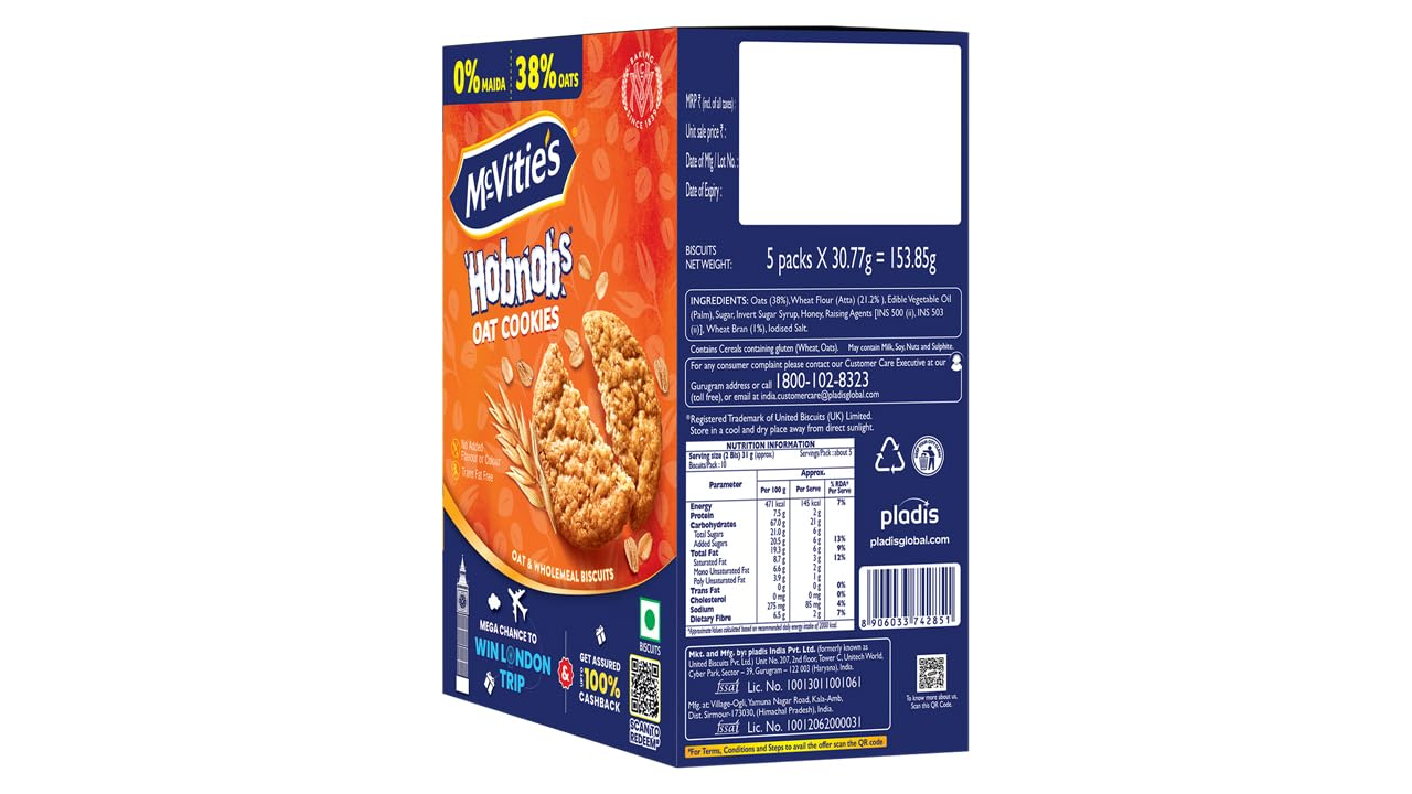 Mcvitie’s Hobnobs Cookies , 0% Maida & 38% Oats, 153.85 g