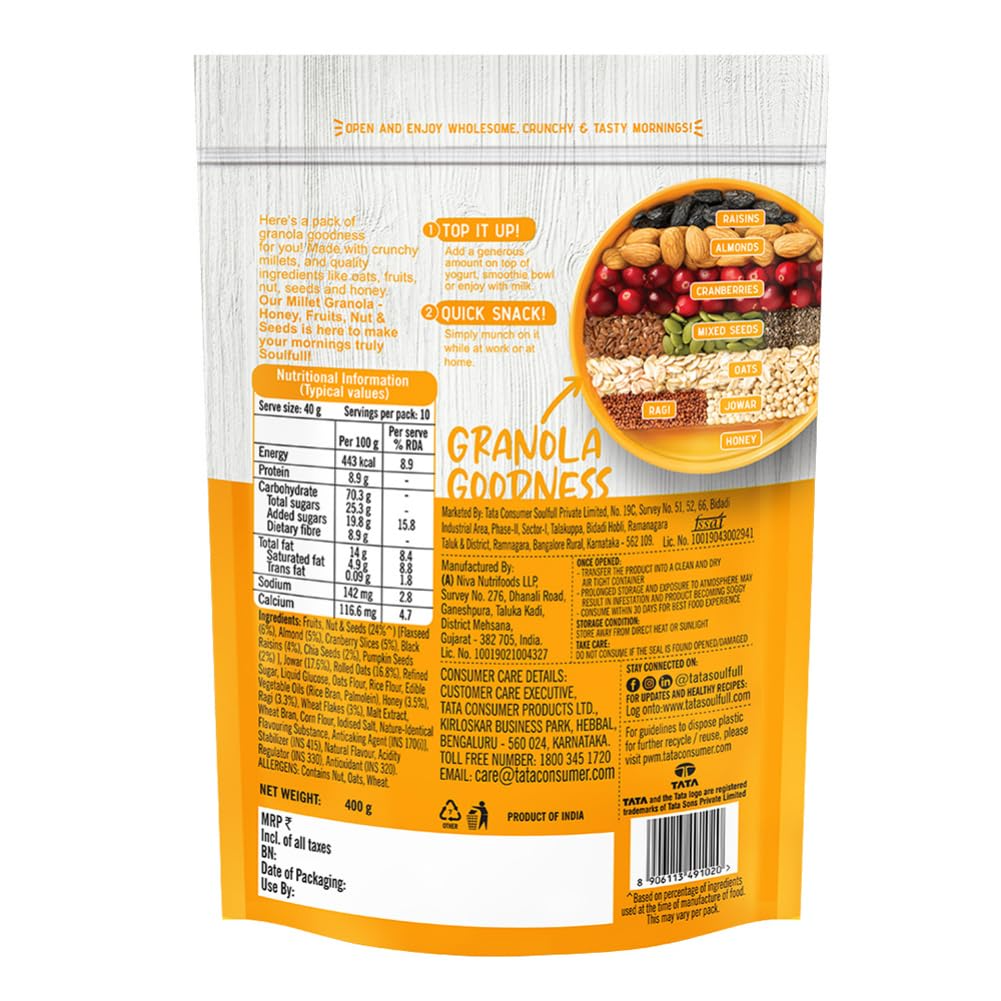 Tata Soulfull Millet Granola, Honey, Fruits, Nuts & Seeds, 400g, 20% Crunchy Millets, 24% Fruits, Nut & Seeds, Breakfast Cereal