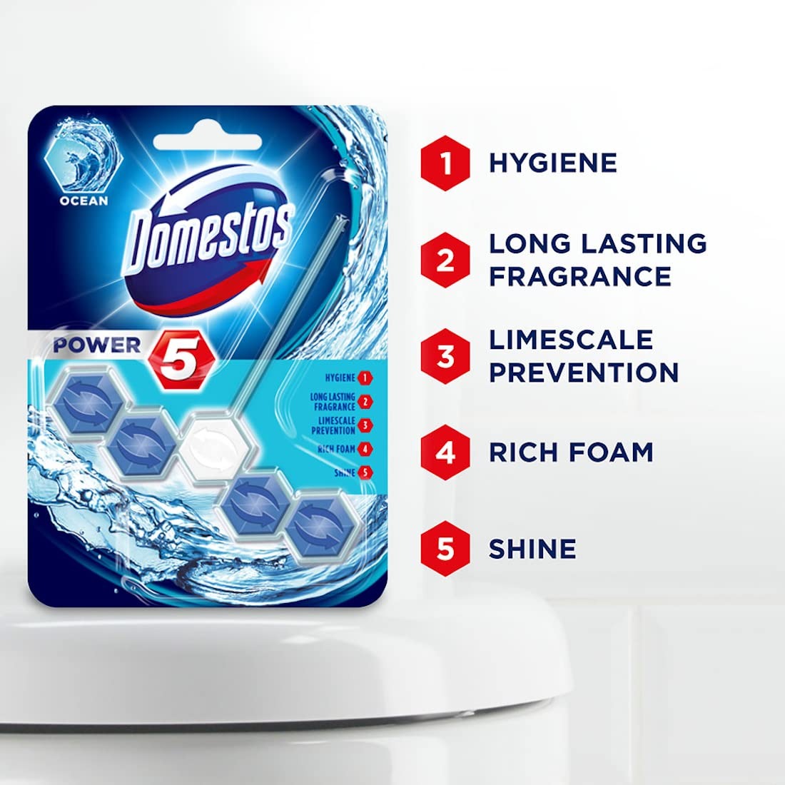 Domestos Power 5 Toilet cleaning Rim Block |Ocean Limescale Removal with Long Lasting Fragrance | for Hygiene & Shine | Imported 55g Pack of 3