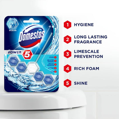 Domestos Power 5 Toilet cleaning Rim Block |Ocean Limescale Removal with Long Lasting Fragrance | for Hygiene & Shine | Imported 55g Pack of 3