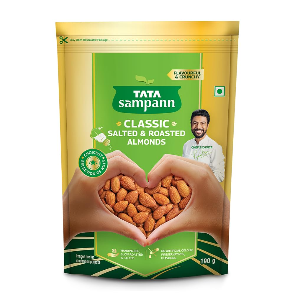 Tata Sampann Classic Salted & Roasted Almonds | Flavourful & Crunchy Snack | Handpicked, Salted & Slow Roasted Almonds | Rich in Protein 190g