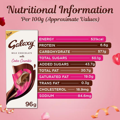 Galaxy Silky Smooth Cookie Crumble Valentine's Chocolate Gift Bar | Rich & Creamy Bar | Loaded With Milk & Crumbly Cookie Pieces | 96g | Pack of 4