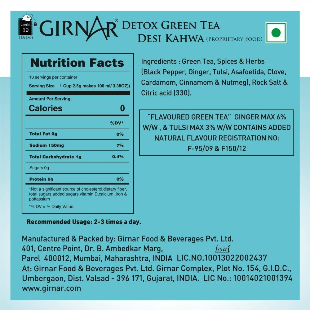 Girnar Food & Beverages Pvt. Ltd. Detox Green Tea (Desi Kahwa) (Pack of 10 Tea Bags,25 Grams)