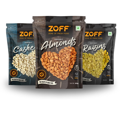 Zoff Premium Mixed Dry Fruits Combo: Almonds, Cashews, and Raisins - 250g Each | Perfect Diwali and Festival Gifts & Hampers | Net weight 750g