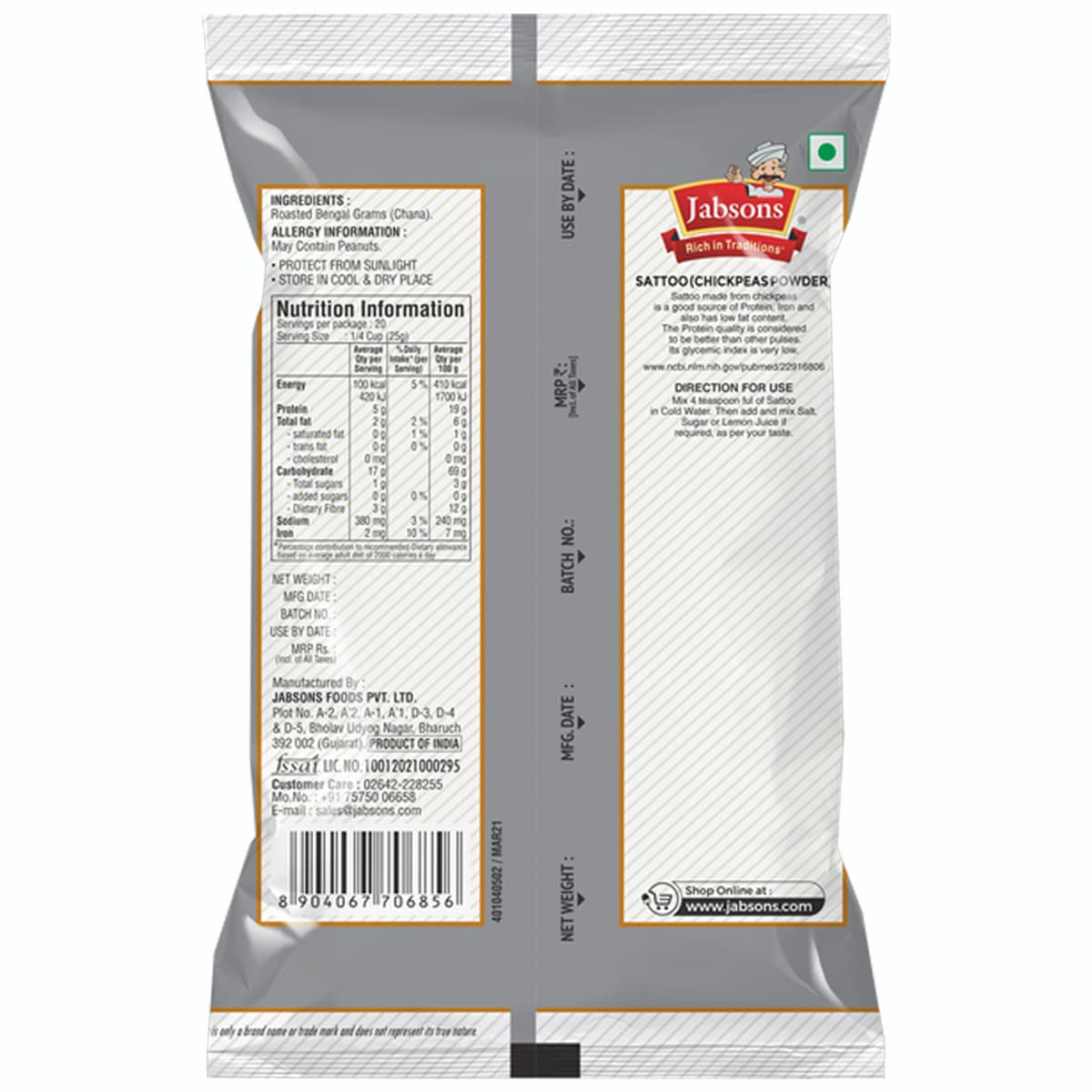 Jabsons - Sattoo Flour, Indian Chana Powder, 500 GM | Roasted Chana Flour | 100% Natural & Gluten Free Chana Sattu l High Fiber