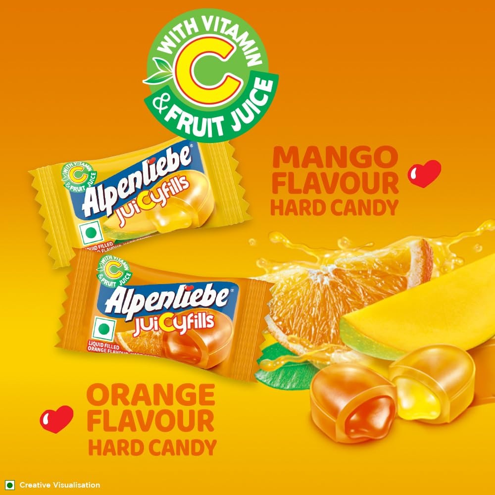 Alpenliebe Juicy fills, Orange & Mango Flavour, Assorted Candy Pouch, 144 g, 40 pc