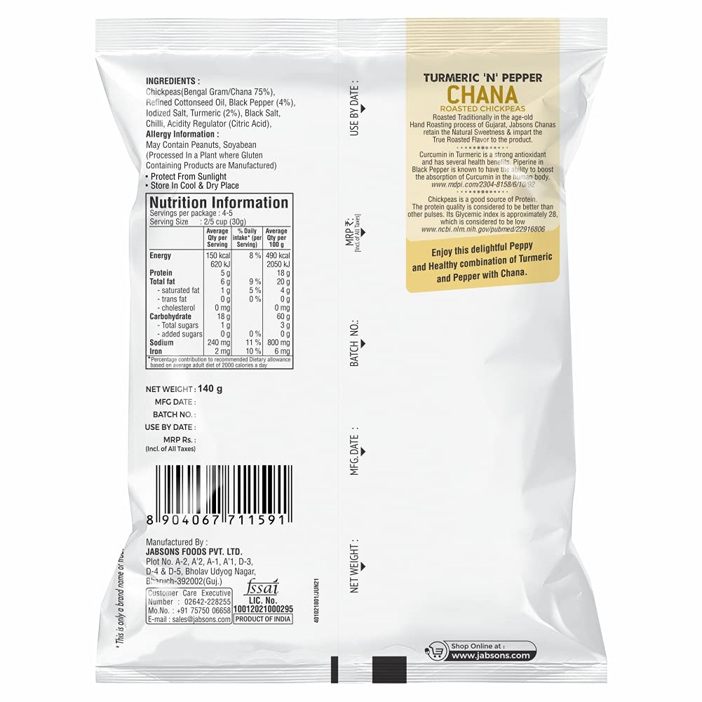 Jabsons Turmeric 'N' Pepper Chana-140 g |Roasted Chana |Roasted Namkeen Snacks