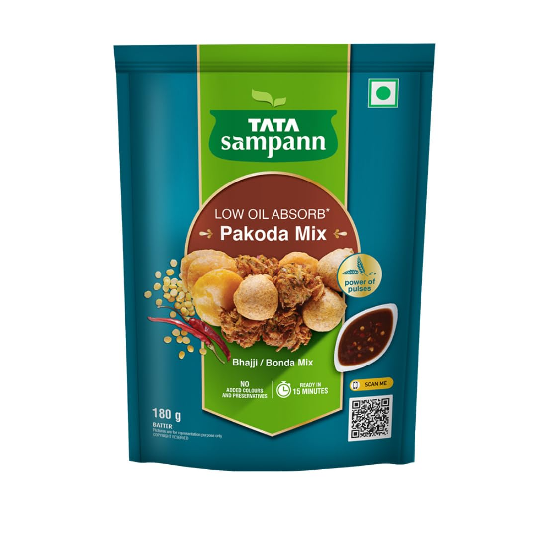 Tata Sampann Low Oil Absorb Pakoda Mix, Ready to Cook Mix, Power of Pulses, Instant Pakoda Batter, 180g