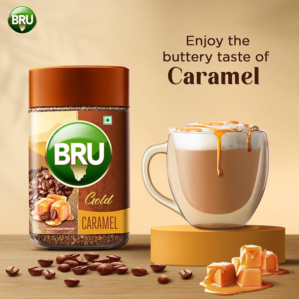 Bru Gold Caramel 55g | Flavoured Instant Coffee | Flavourful Twist to Your Everyday Coffee | Made with Freeze-Dried Coffee | Makes 40 cups |