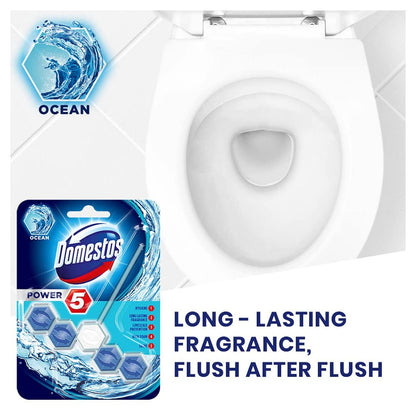 Domestos Power 5 Toilet cleaning Rim Block |Ocean Limescale Removal with Long Lasting Fragrance | for Hygiene & Shine | Imported 55g Pack of 3