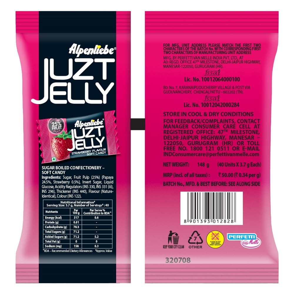 Alpenliebe Juzt Jelly, Strawberry Pouch, 171 g, 45 pc