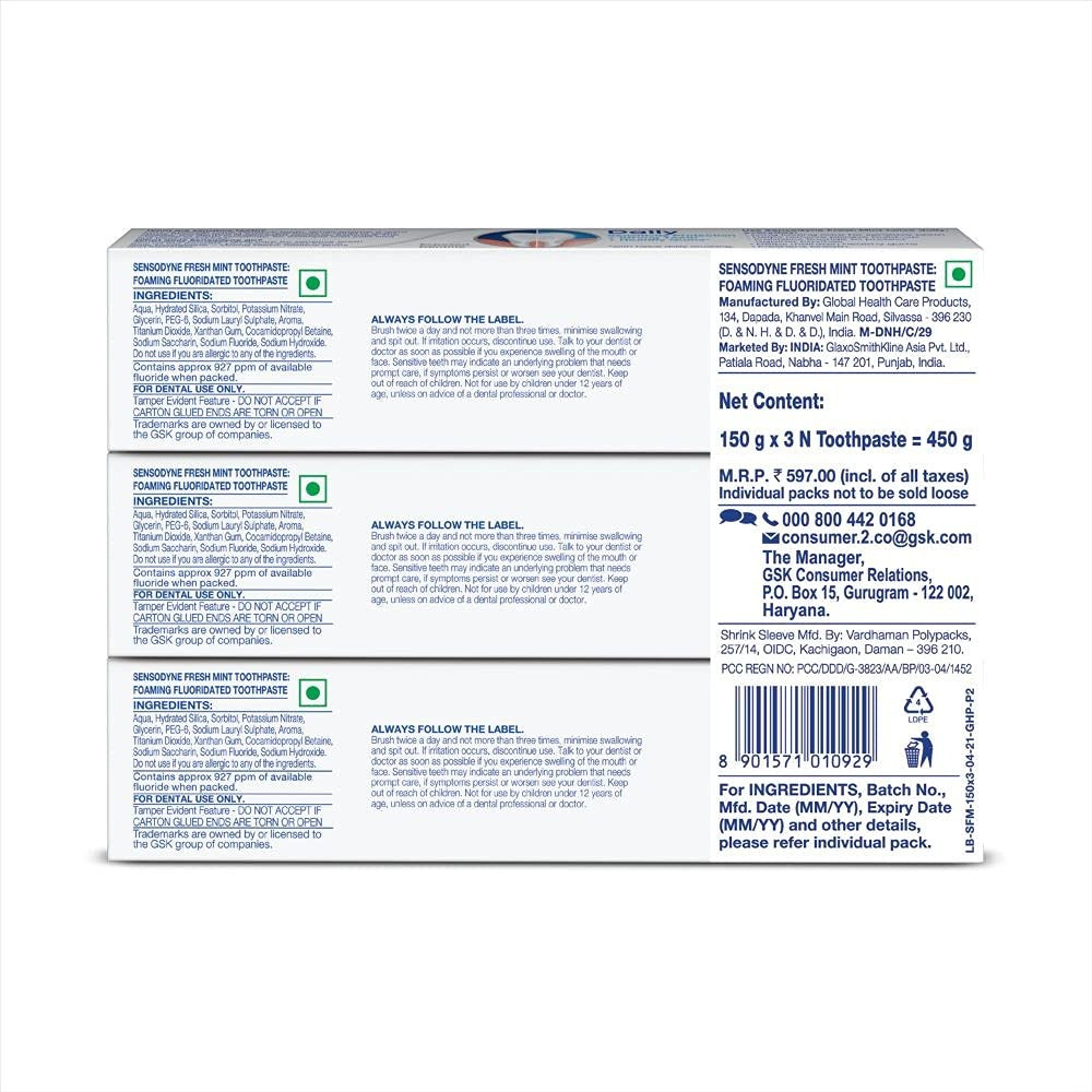 Sensodyne Fresh Mint Sensitivity Relief Toothpaste Combo Pack For Daily Protection (150 g x 3)