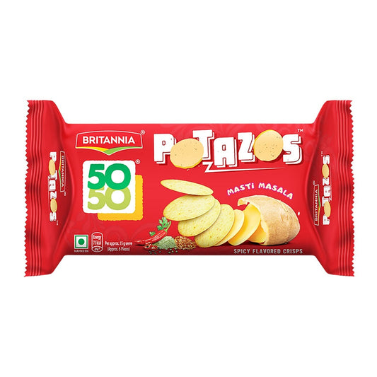 Britannia 5050 Potazos Masti Masala Spicy Flavoured Crisps | 71.5 gm | Potato and Biscuit ka tasty combination