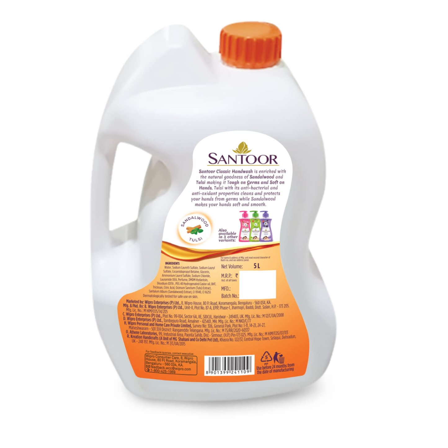 Santoor Classic Gentle Hand Wash with Natural Goodness of Sandalwood & Tulsi|  5 L tr