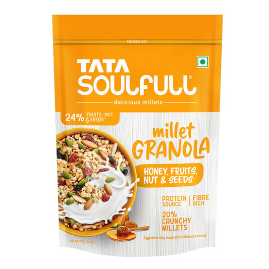 Tata Soulfull Millet Granola, Honey, Fruits, Nuts & Seeds, 400g, 20% Crunchy Millets, 24% Fruits, Nut & Seeds, Breakfast Cereal