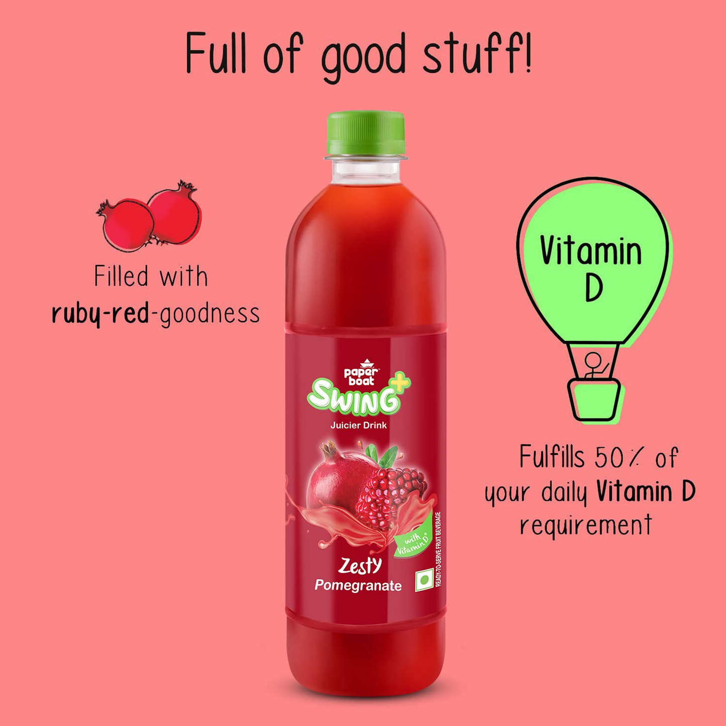 Paperboat Swing Zesty Pomegranate Juice with Vitamin D, 600 ml Each - Pack of 6