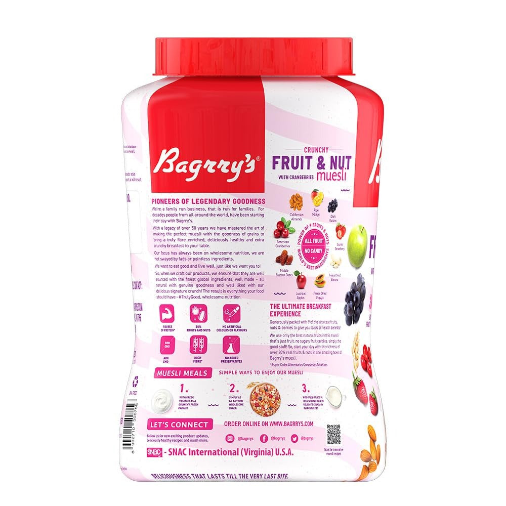 Bagrry's Crunchy Muesli With 30% Fruit & Nut Cranberries 1kg Jar|34% Fibre Rich Oats|No Sugar Infused Fruits|Real Fruits|Breakfast Cereal|