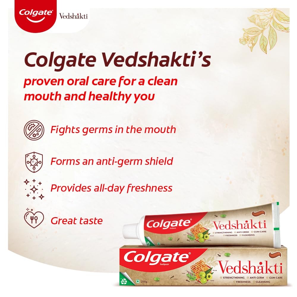 Colgate Vedshakti Toothpaste, Anti-Bacterial Paste For Whole Mouth Health, With Neem, Clove, And Honey, 800G, 200G X 4 (Saver Pack), Freshening