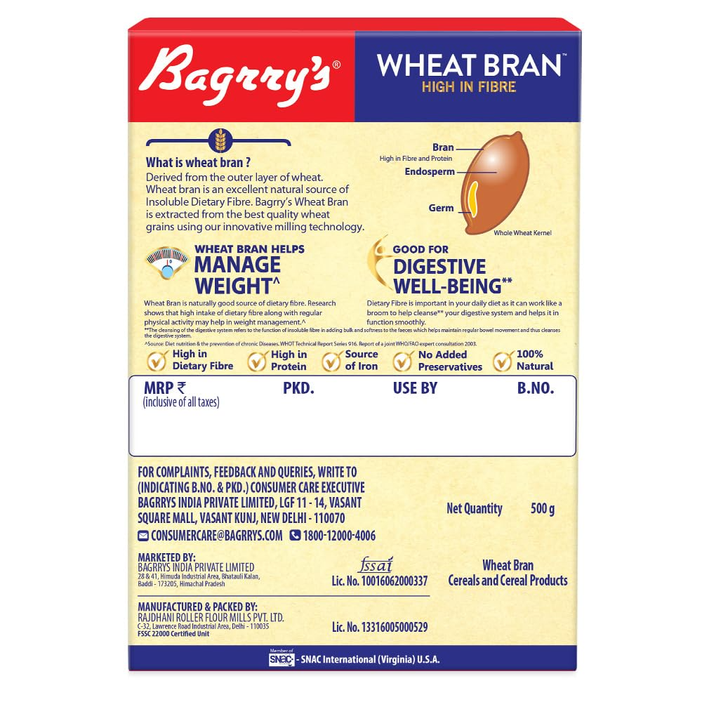 Bagrry's Wheat Bran 500 gm Box| High in Fibre & Protein | Helps Reduce Cholesterol & Manages Weight | Good Digestive Health