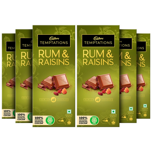 Cadbury Temptations Rum & Raisins Premium Chocolate Bar, 72 Gram (Pack of 6)