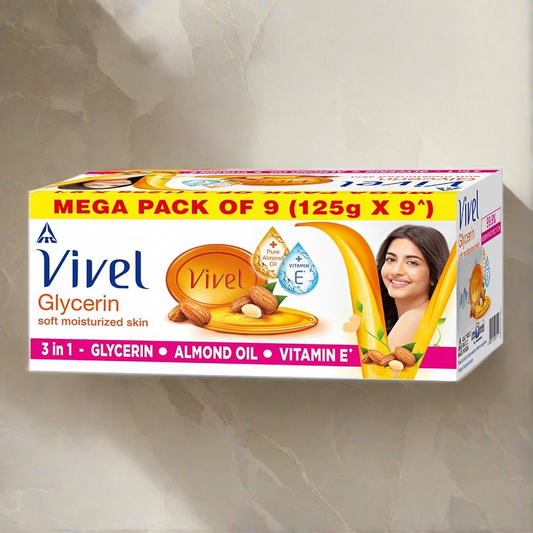 Vivel Glycerin Bathing Bar Soap for Soft Moisturized Skin with Pure Almond Oil & Vitamin E, 1125g - 125g - Pack of 9