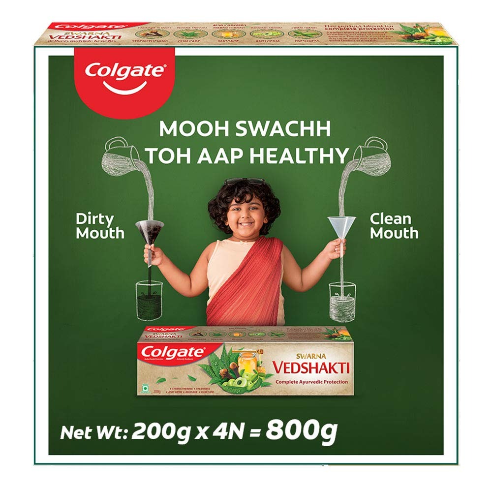 Colgate Vedshakti Toothpaste, Anti-Bacterial Paste For Whole Mouth Health, With Neem, Clove, And Honey, 800G, 200G X 4 (Saver Pack), Freshening