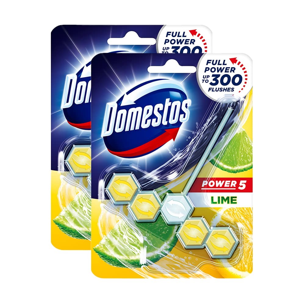 Domestos Power 5 Toilet Rim Block, Lime, Limescale Removal with Long Lasting Fragrance, Provides Hygiene & Shine, 55 gm (Pack Of 2)