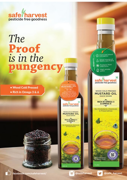 Safe Harvest Pesticide Free Wood Cold Pressed Mustard Oil/Kolhu,  1 Litre High Pungency, Rich in Omega 3 and 6