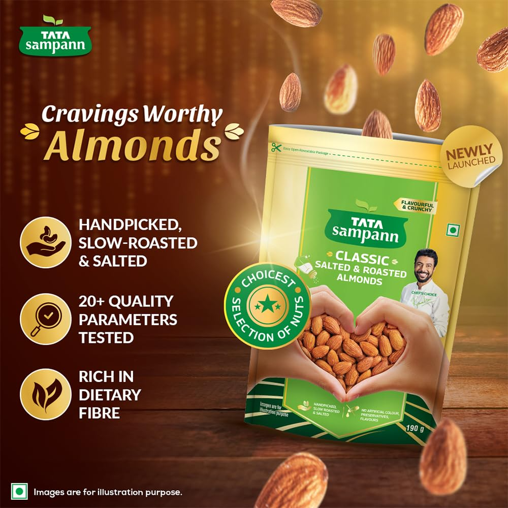 Tata Sampann Classic Salted & Roasted Almonds | Flavourful & Crunchy Snack | Handpicked, Salted & Slow Roasted Almonds | Rich in Protein 190g