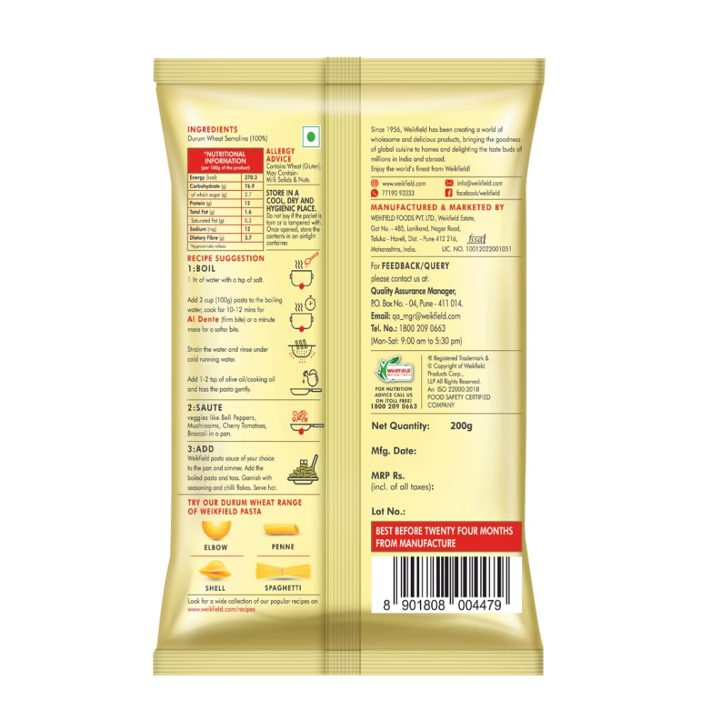 Weikfield Fusilli Pasta | Healthy Pasta Made with 100% Durum Wheat Semolina | No Maida | Rich in Protein & Fibre | 100% Vegetarian | 200g Pouch