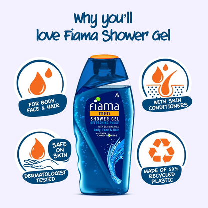 Fiama Men Body Wash Shower Gel Refreshing Pulse, 250ml, Body Wash for Men with Skin Conditioners & Sea Minerals for Soft & Refreshed Skin