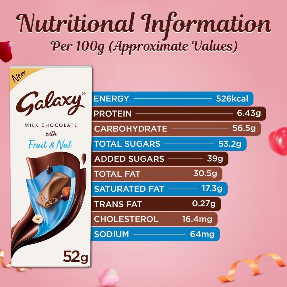 Galaxy Silky Smooth Fruit & Nut Valentine's Chocolate Gift Bar | Rich & Creamy Bar | Loaded With Milk, Rich Hazelnut & Raisins | 52g | Pack of 8