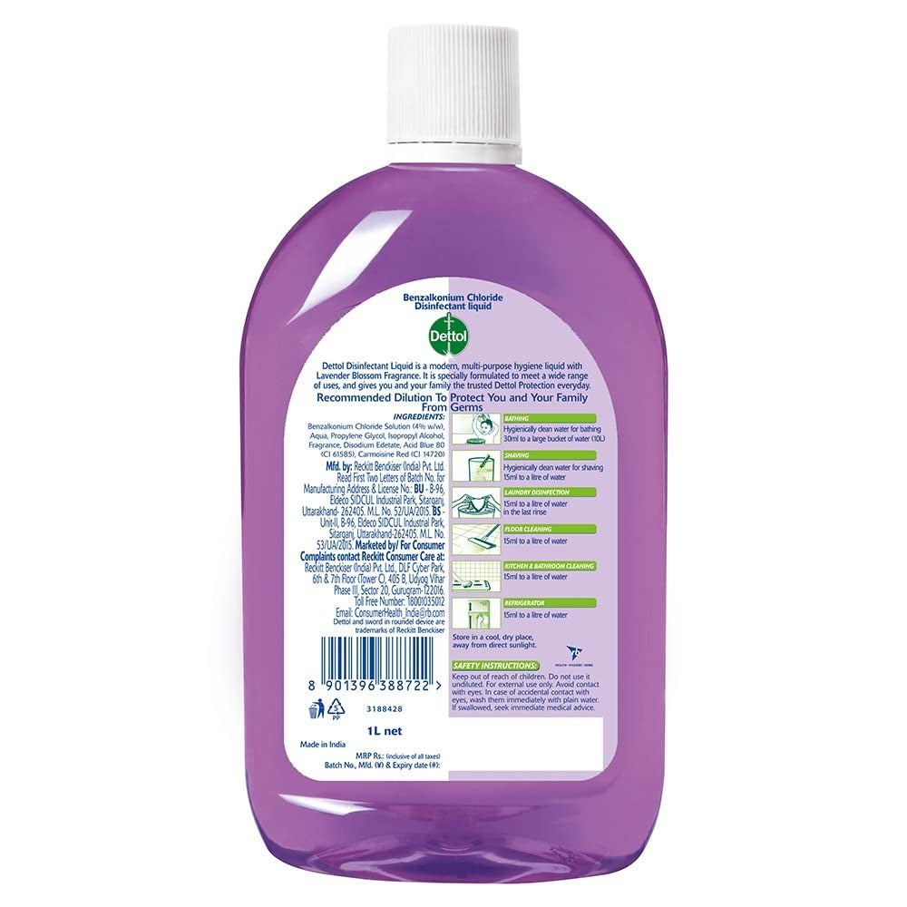 Dettol Liquid Disinfectant for Floor Cleaner, Surface Disinfection, Personal Hygiene (Lavender Blossom, 1L)