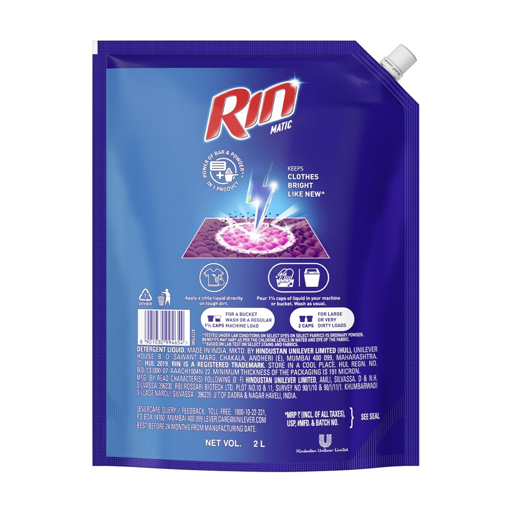 Rin Detergent Liquid Refill 2L Pouch, Designed for Dirt removal in Washing Machine for all kinds of clothes - Super Save Pack