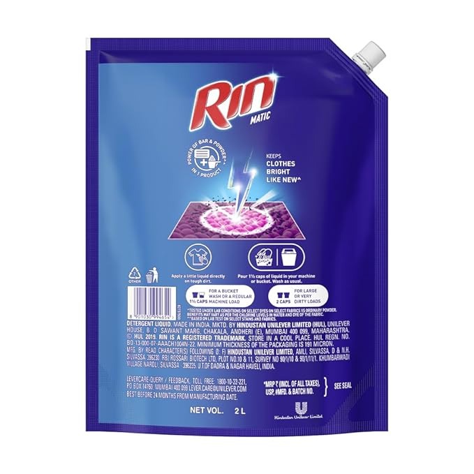 Rin Detergent Liquid Refill 2L Pouch, Designed for Dirt removal in Washing Machine for all kinds of clothes - Super Save Pack