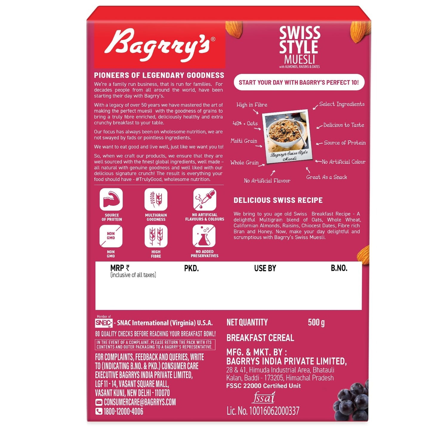 Bagrry's Swiss Style Muesli 500gm Box | More than 40% Imported Oats | Honey Dipped Oat Clusters | High Fibre with Added Bran | Source of Protein |