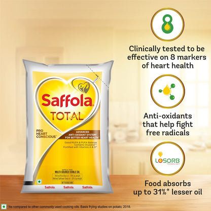 Saffola Total Refined Oil|Blend of Rice Bran Oil & Safflower oil|Cooking oil|Cholesterol Lowering Oil|Edible Oil 1L Pouch