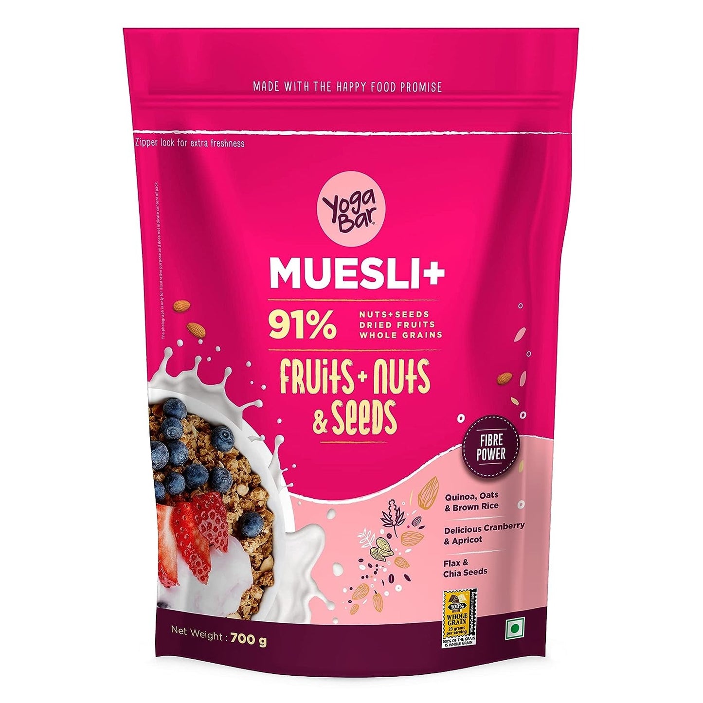 Yogabar Wholegrain Breakfast Muesli Fruits, Nuts + Seeds with Flax and Chia seeds, 700 g - Whole grain, High Protein, High Fibre