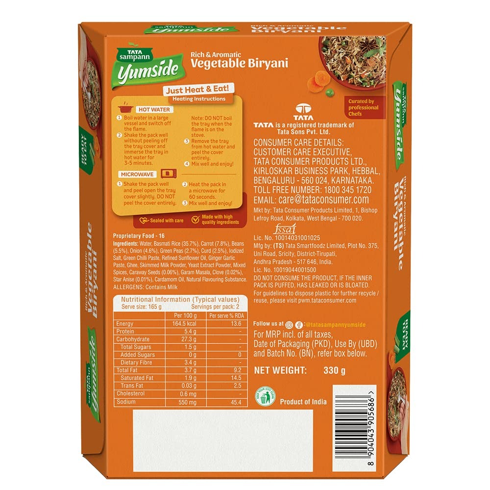 Tata Sampann Yumside Ready to Eat Veg Biryani, 330g, Instant Food, Ready in 60 secs