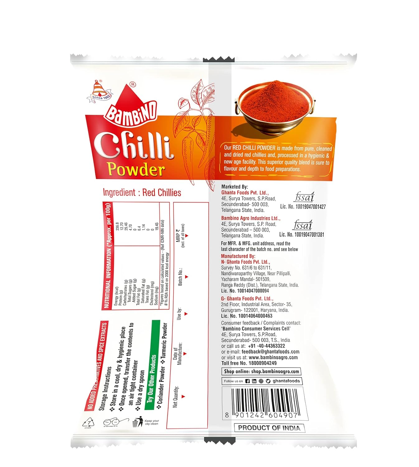 Bambino Red Chilli Powder 500g (Red Chilli)