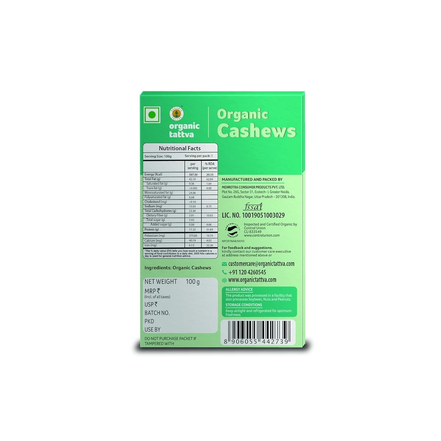 Organic Tattva 'Cashews', Naturally Processed, No Artificial Additives (Pack of 1(100gm))