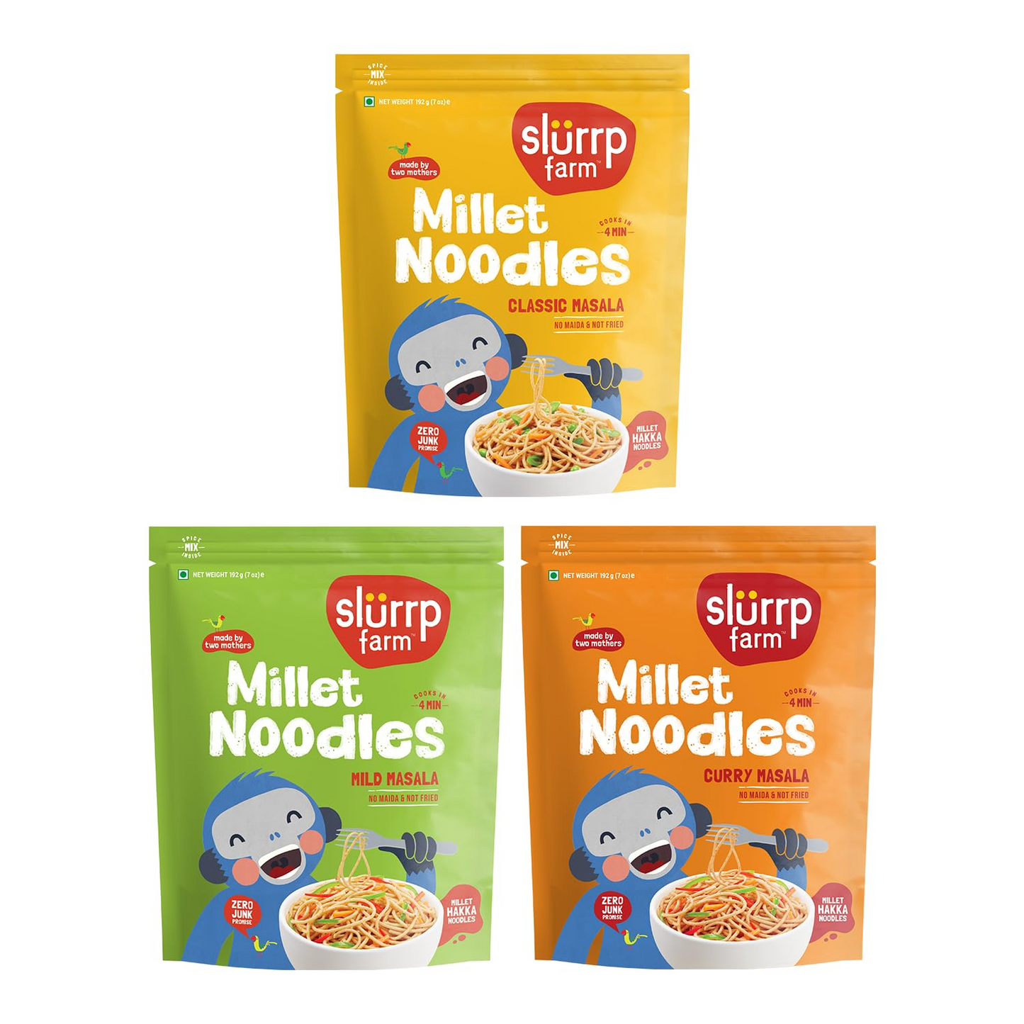 Slurrp Farm No Maida Noodles Combo | Not Fried, No MSG | Classic, Mild and Curry Masala Millet Noodles | Pack of 3 X 192 g