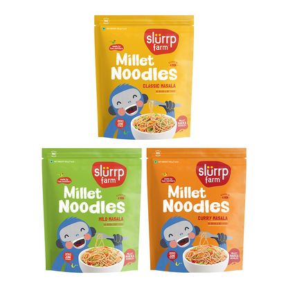 Slurrp Farm No Maida Noodles Combo | Not Fried, No MSG | Classic, Mild and Curry Masala Millet Noodles | Pack of 3 X 192 g