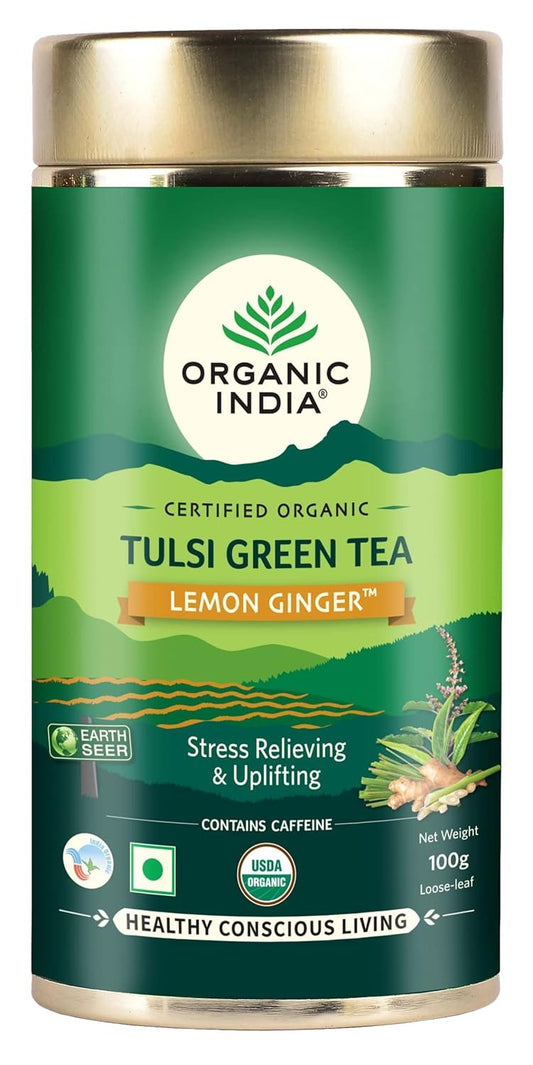 ORGANIC INDIA Tulsi Green Tea Lemon Ginger 100 gm tin