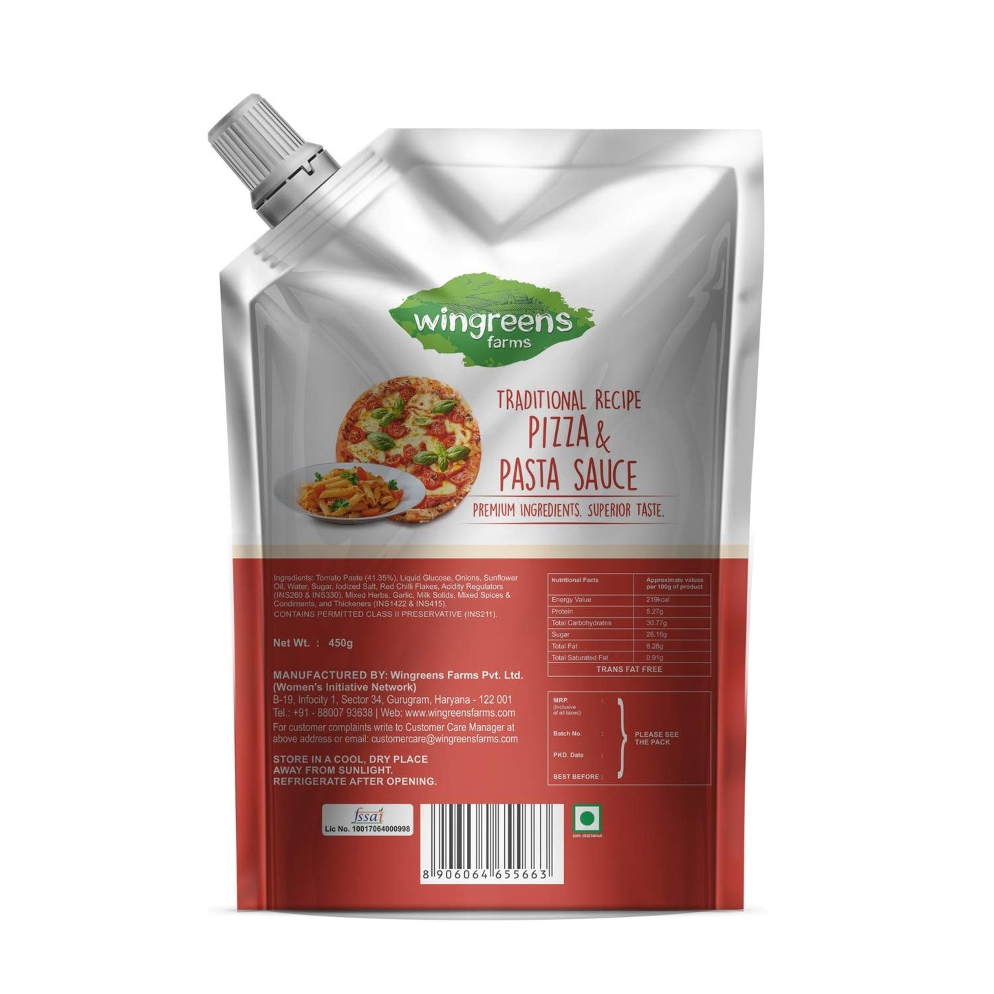 Wingreens Farms- Pizza 'N' Pasta Sauce, 450g, Pack of 1