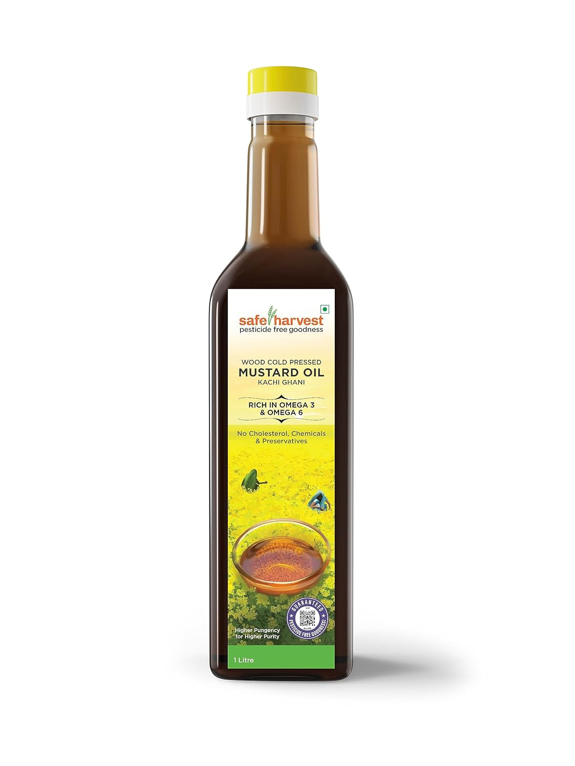 Safe Harvest Pesticide Free Wood Cold Pressed Mustard Oil/Kolhu,  1 Litre High Pungency, Rich in Omega 3 and 6