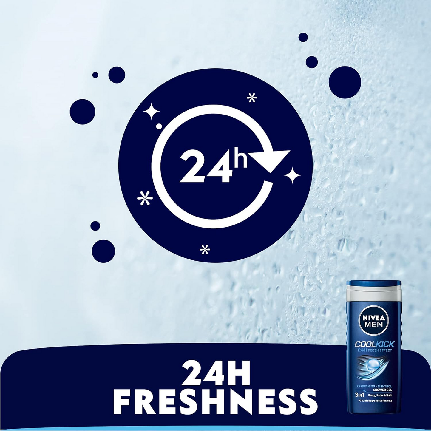 NIVEA MEN Cool Kick 250ml Body Wash| Shower Gel for Face, Body & Hair| Refreshing Icy MENthol|24 H Freshness |For All Skin & Hair Types