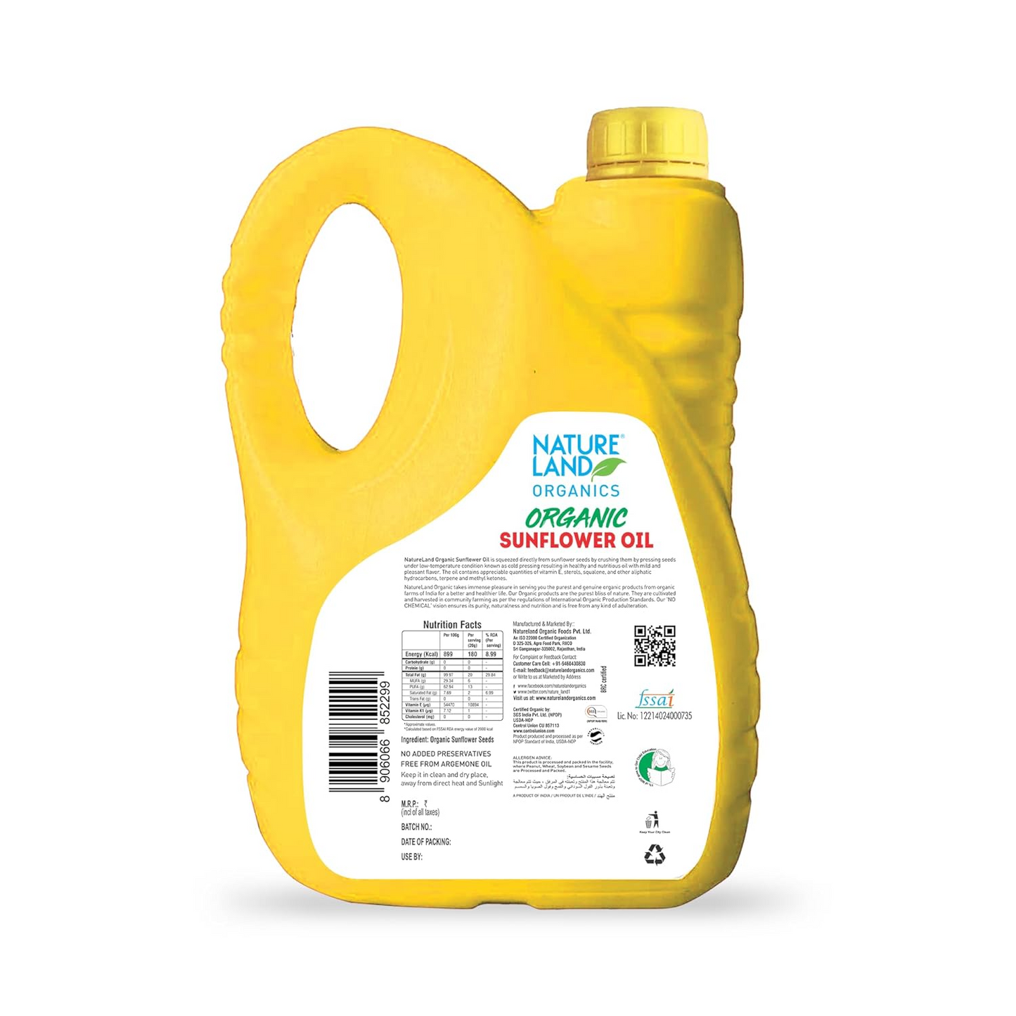 Natureland Organics Sunflower Oil 5 Ltr - Cold Pressed