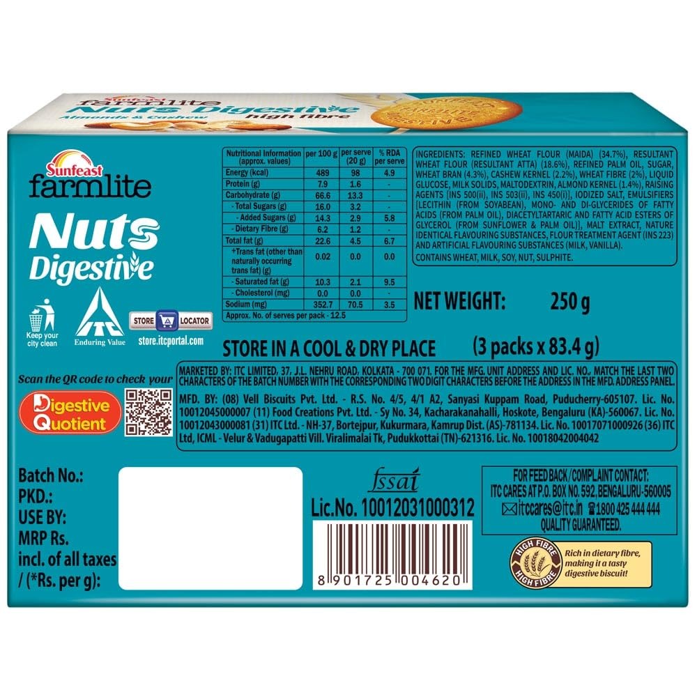 Sunfeast Farmlite Nuts Digestive Biscuit | High fibre | Goodness of Almonds, Cashews and Wheat Fibre, 250g